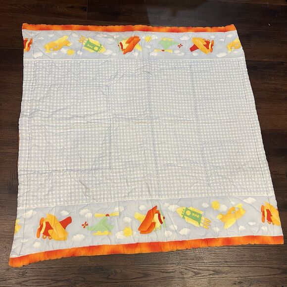 Vintage Baby Kids Quilt 39" x 39" Square rocket plane Helicopter Thick Warm - Picture 1 of 11